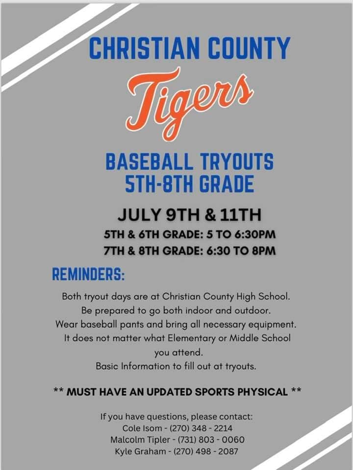 Baseball Tryouts for Christian County Tigers 5th – 8th Grade Team
